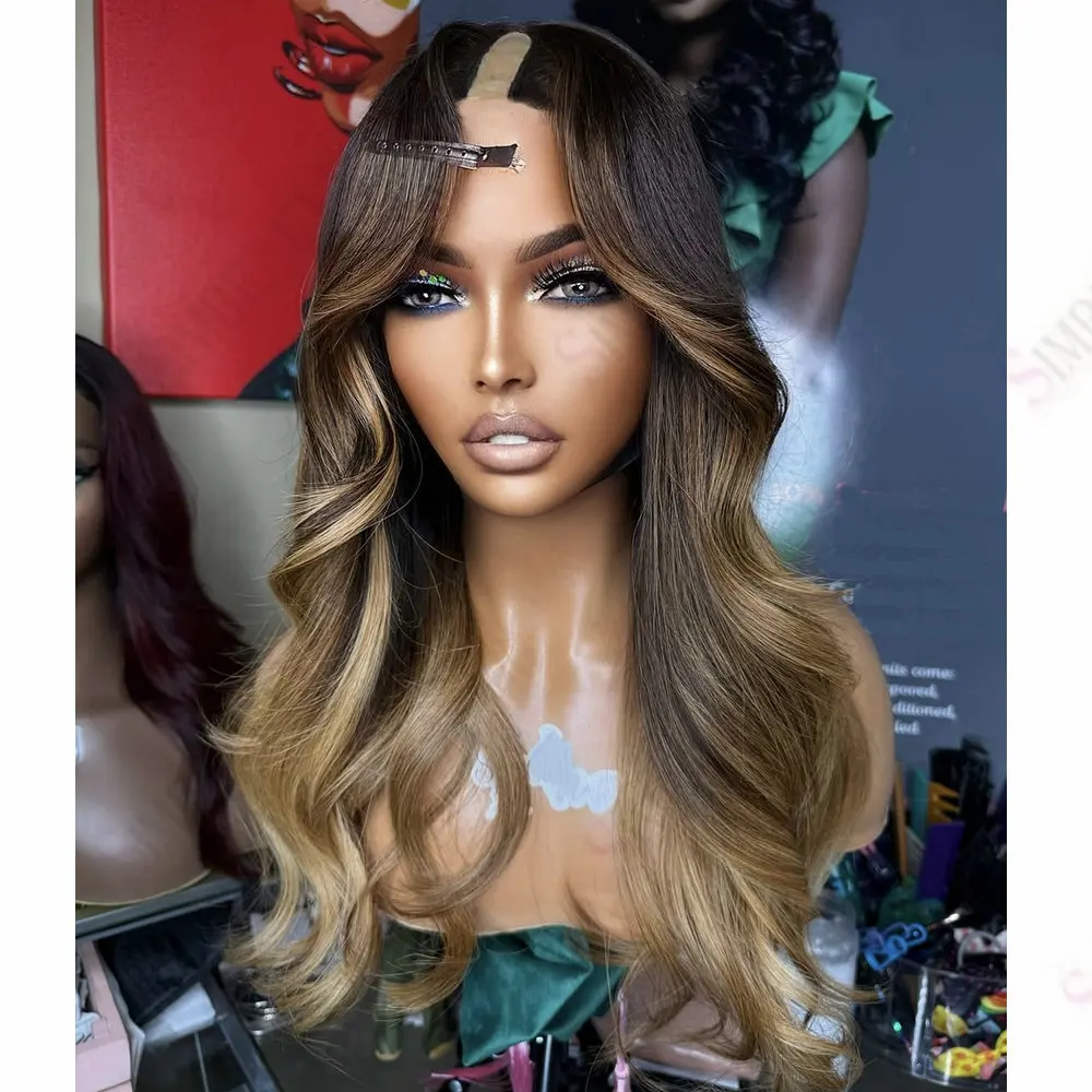 Klebefreie, leicht gewellte, honigbraune Ombre-Perücken mit Highlights, 1x4 U-Part-Perücken aus Echthaar, 180 Dichte, 1x4 Größe, V-Part-Perücken für schwarze Frauen – Detail 4