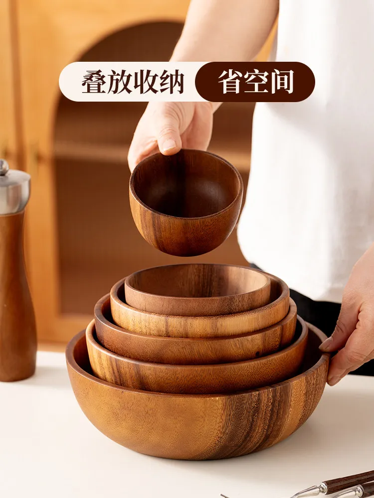 Retro Acacia Wooden Bowl Solid Wood Eating Small Large Wood Noodle Soup Tableware Salad Wooden Bowl