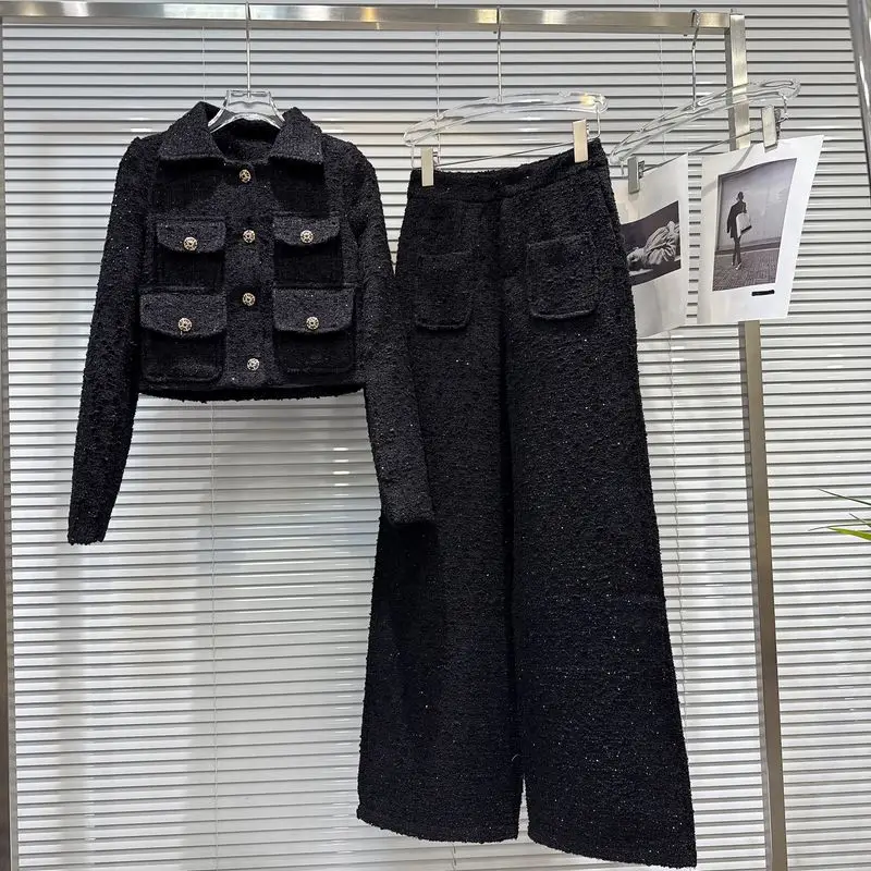 2026 Autumn Winter 2-piece Tweed Suit Lapel Pocket Short Jacket Wide Leg Pants Casual Suit Daily Commuting Coordinate Matching