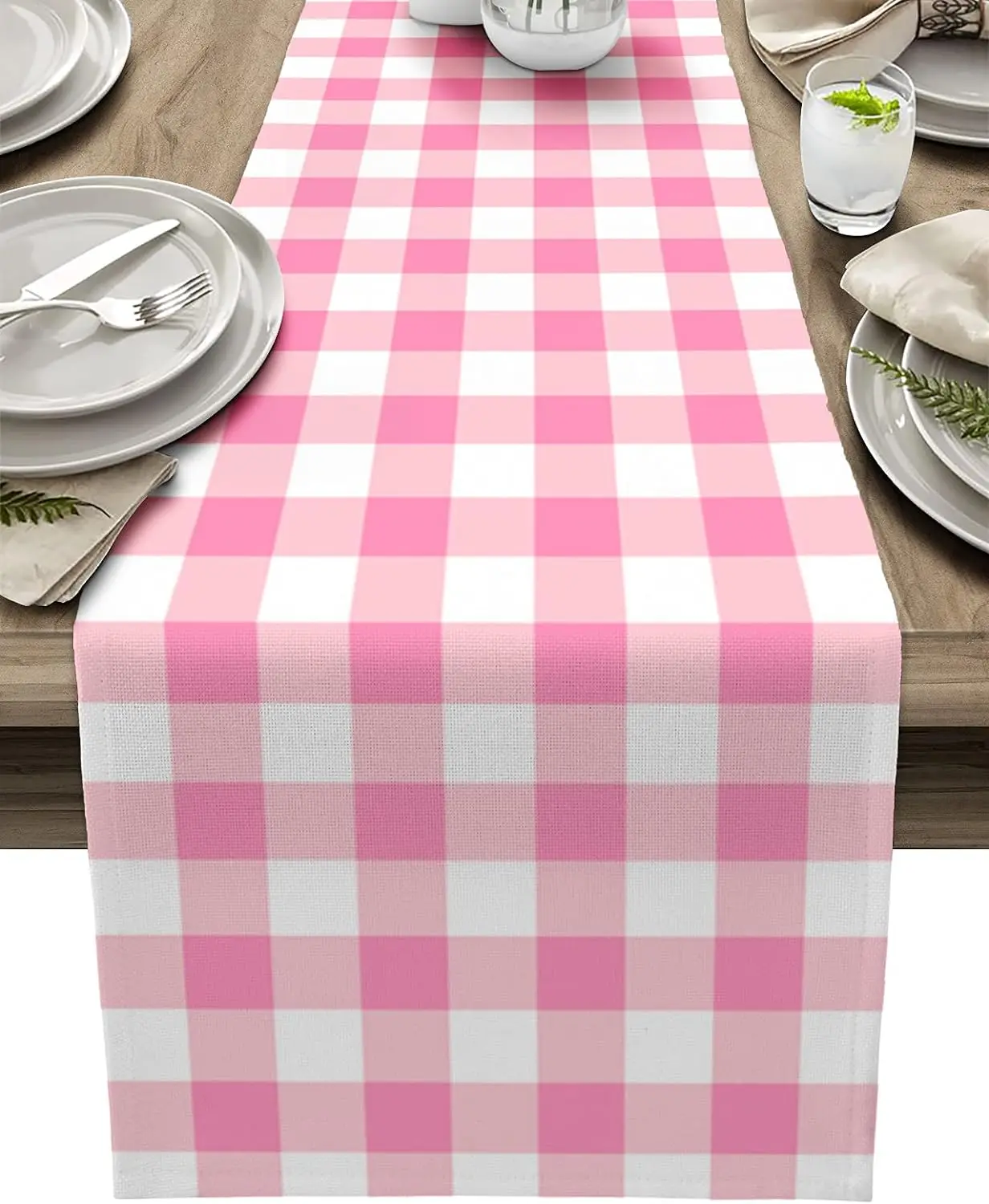 Pink Buffalo Plaid Linen Table Runners Dresser Scarves Decor Reusable Kitchen Dining Table Runners Holiday Wedding Decorations