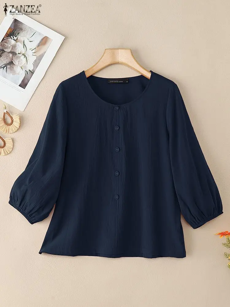 2025 Blusa Vintage de manga larga con cuello redondo para mujer, camisas de otoño ZANZEA, Tops de algodón para mujer, Blusas con botones, camisa de trabajo OL sólida elegante