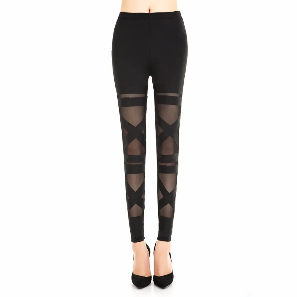 ผู้หญิงสบายๆแฟชั่น Gothic Legging Leggins Slim High เอวกางเกงขายาวผู้หญิงกางเกงผ้าไหม Hollow สายคล้องฟิตเนส Leggings