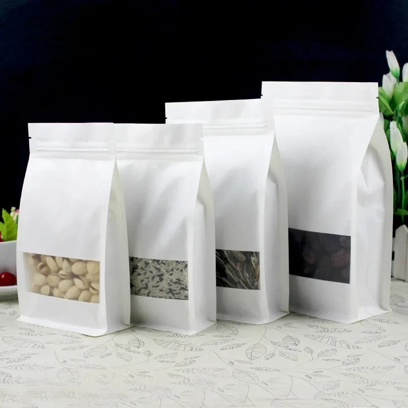 Bolsa de embalaje con cierre de cremallera, ventana de papel blanco 3D, bolsas de almacenamiento resellables para aperitivos, galletas, té, café, especias, azúcar y nueces