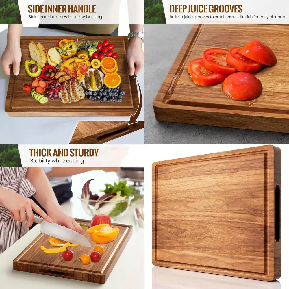 

Large Reversible Acacia Wood Chopping Board, 24x18x1.2 Inches with Juice Groove and Handle for Kitchen Use