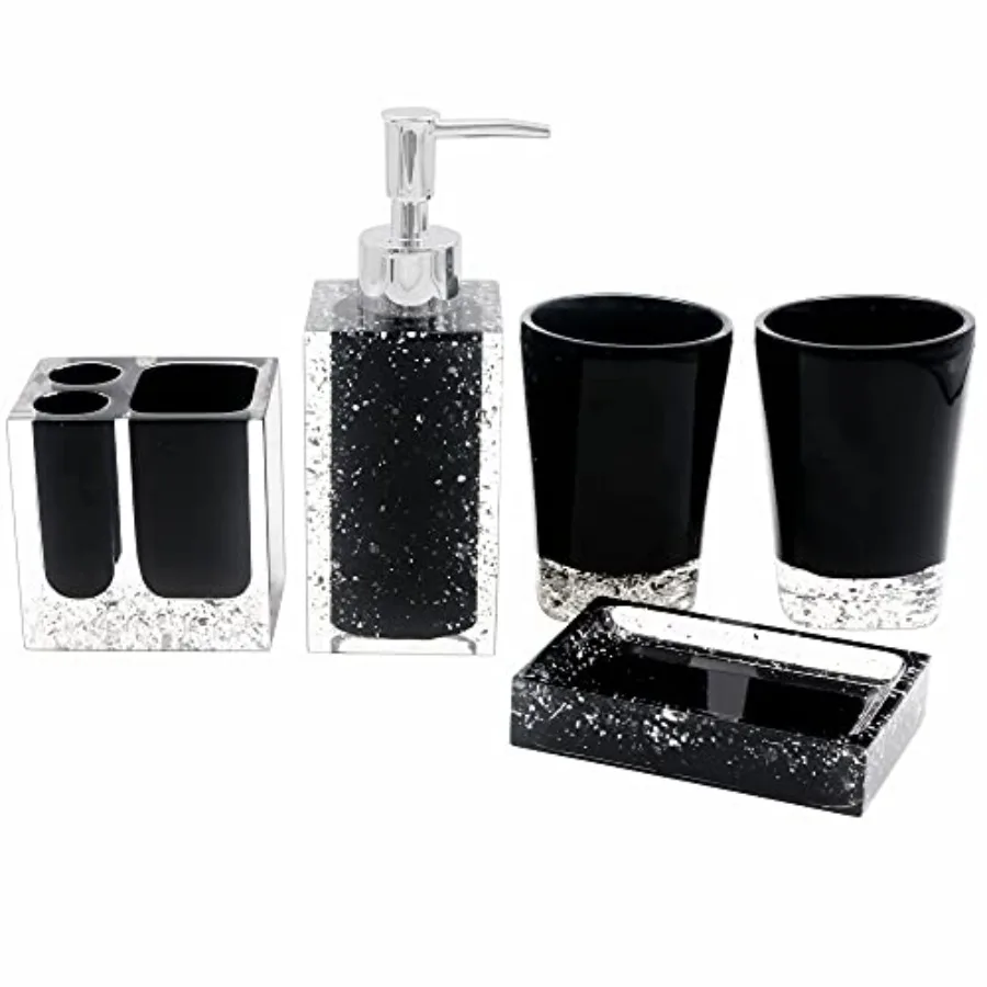 

Resin Soap Dish Soap Dispenser Toothbrush Holder Tumbler Bathroom Accessory 5 Piece Set in Black with Practical Design and Dura