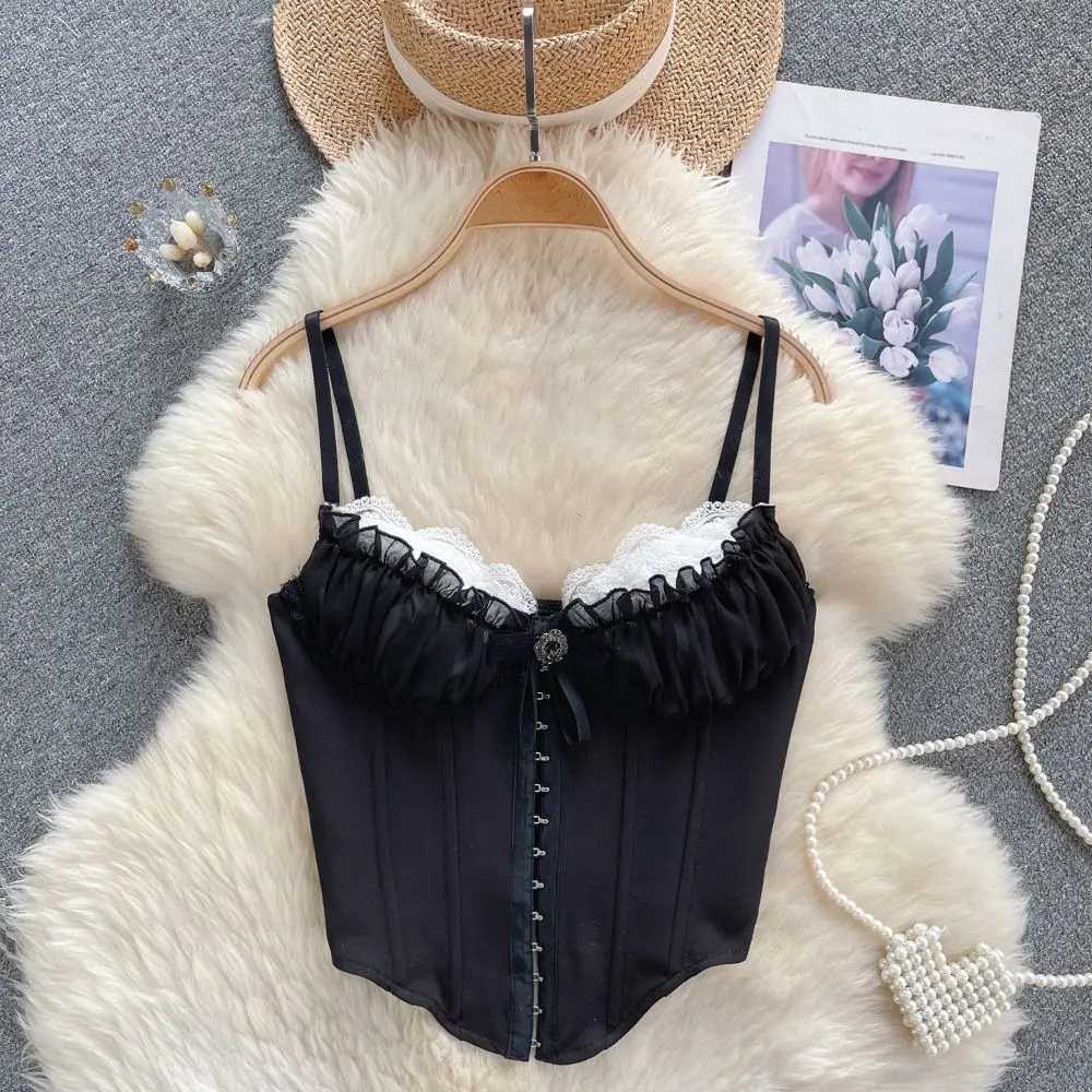 

Fashion Ruffle Lace Flower Camisole Buckle Bowknot Slim Crop Tops Tank Sleeveless Lace Corset Ladies