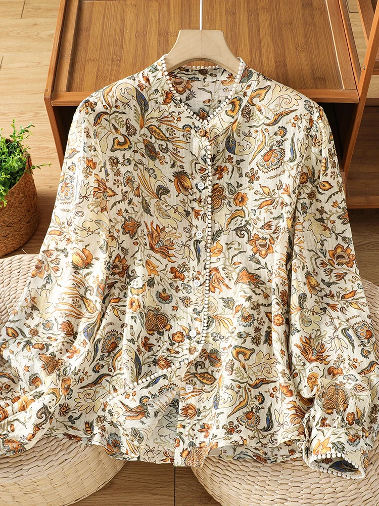 

Элегантная женская рубашка в стиле ретро с принтом, свободного кроя, больших размеров, модный топ-блузка, весна-лето, с длинным рукавом, воротником-стойкой, на пуговицах