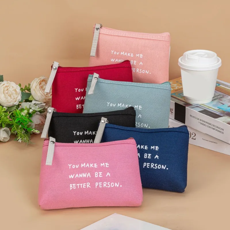 Women Girls Travel Canvas Cosmetic Bag Letters Print  Skincare Storage Makeup Cosmetic Bag for Daily Use Student Pencil Case