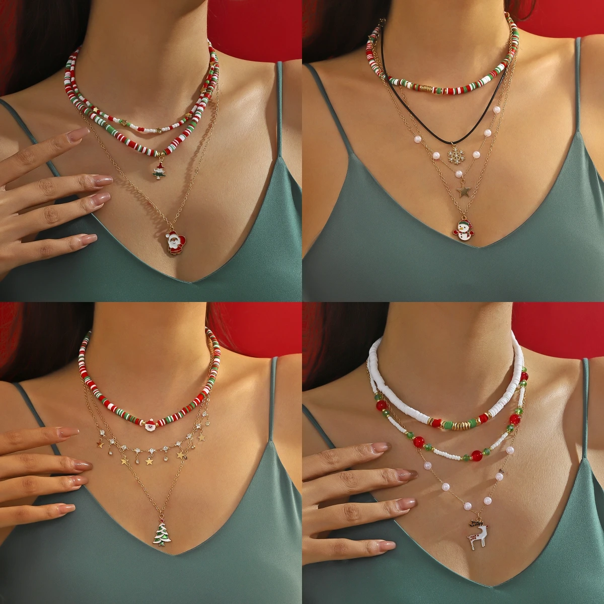 13pcs Bohemian vacation style bead Christmas women's fashionable soft ceramic necklace set with atmosphere collarbone chain