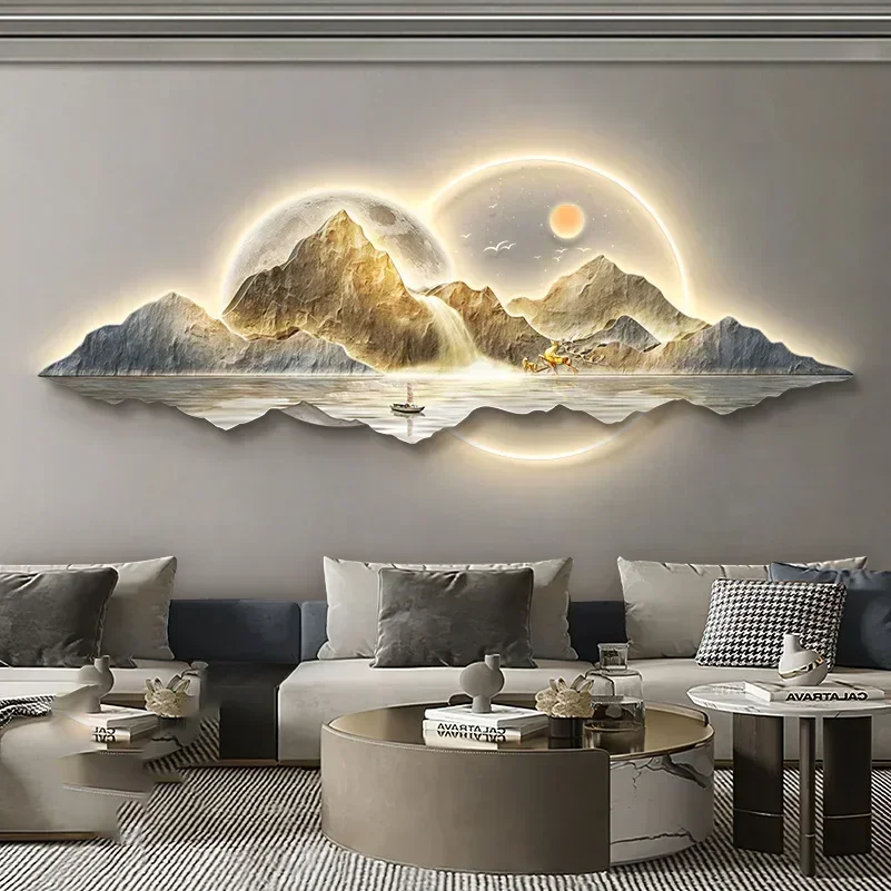 

Rising sun light luxury living room decorative painting new Chinese sofa background wall hanging landscape wall lamp