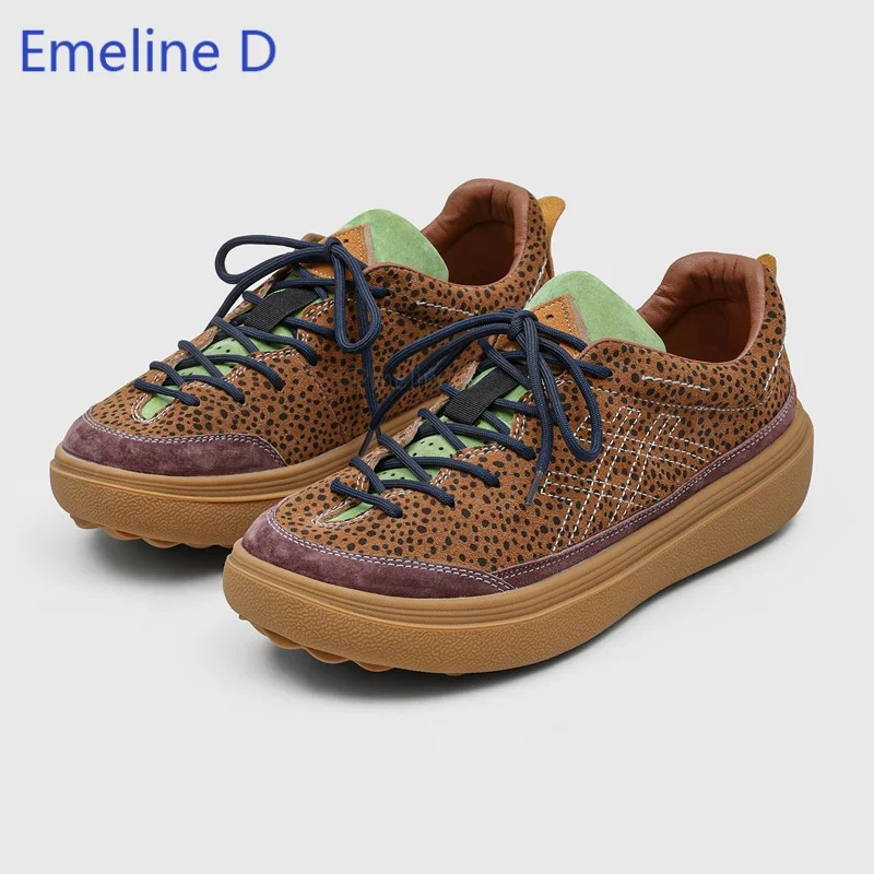 Men Platform Casual Sneakers Suede Patchwork Upper Leopard Print Options Stitched Geometric Pattern Lace Up Daily Outdoor Shoes