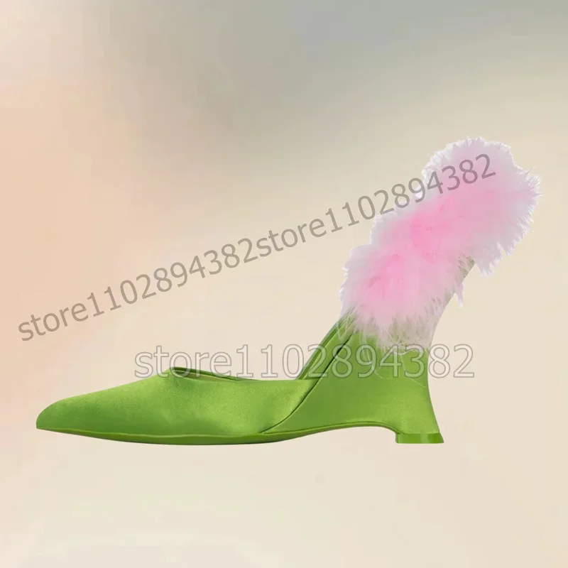 

Pink Feather Green Pointed Toe Strange Style Heels Pumps Slip On Women Shoes Hollow Cut Heel Fashion 2025 Zapatos Para Mujere