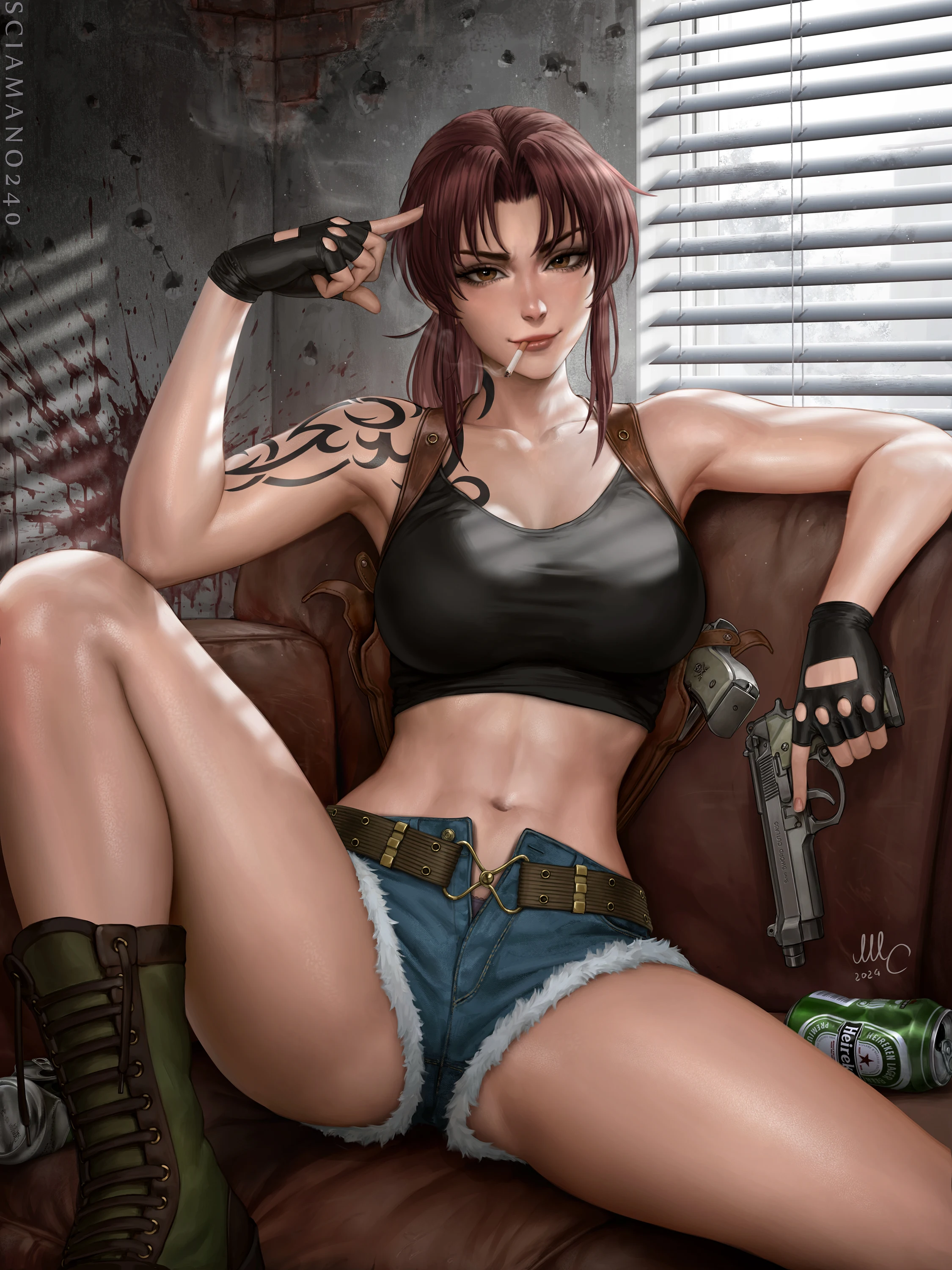 Revy Black Lagoon Smoking  Anime Sexy Nude Lady HD Painting PosterPrint Canvas Living Room Bedroom Home Handing Picture NSFW