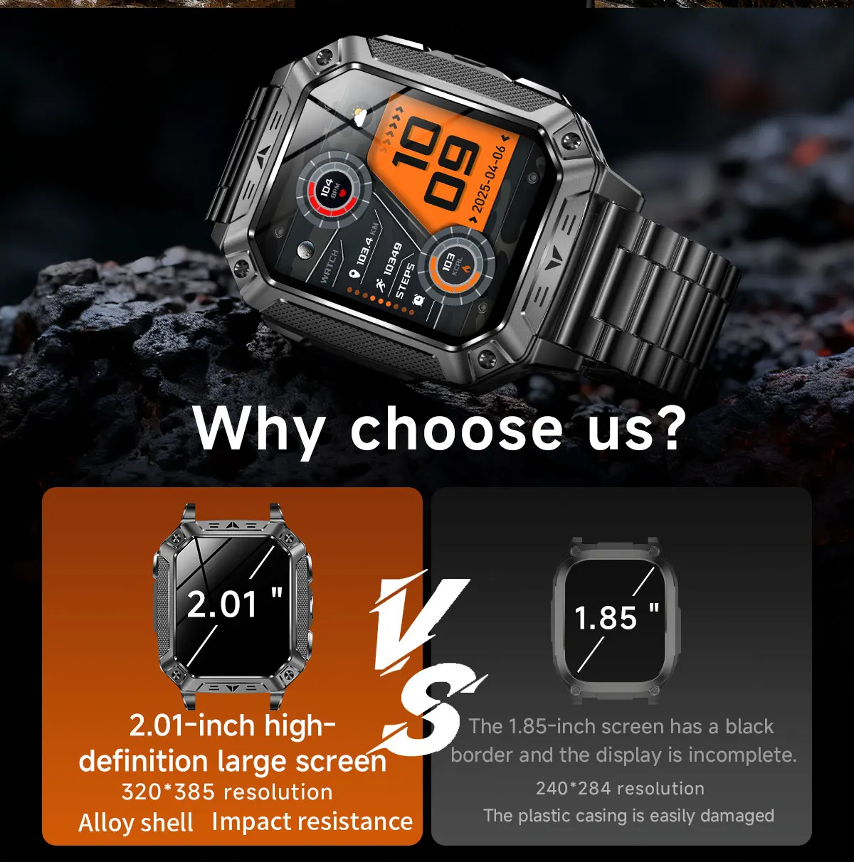 2026 Neue 1400mAh Militär-Smartwatch 10ATM Wasserdicht 2,01" AMOLED SOS+LED-Taschenlampe Herzfrequenz 100+ Sportmodi Fitness-Uhr – Detail 4