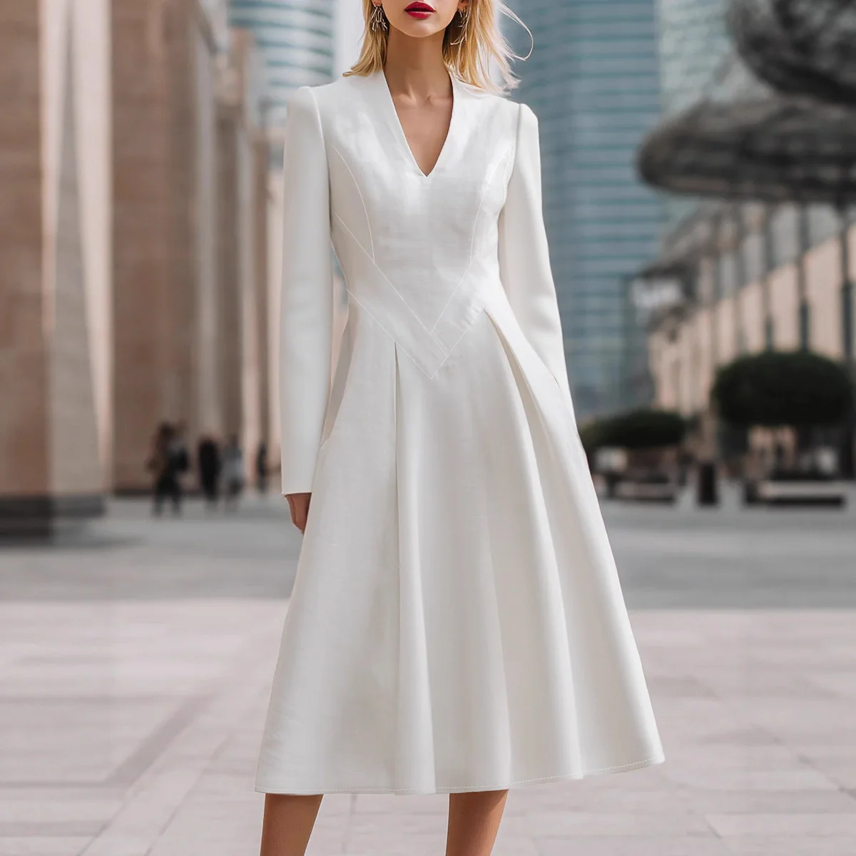 

Elegant Women's Dress Solid Color Sexy V-Neck Mid-Length Waisted Evening Party Dress Fall Spring Long Sleeve Women's Midi Dress