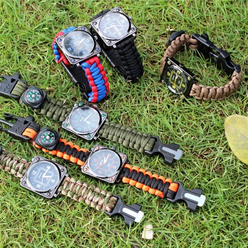 ساعة EDC الجديدة للبقاء على قيد الحياة - معدات خارجية متعددة الوظائف مع صفارة وإطلاق النار وبوصلة، ضرورية لتخييم تسلق الجبال