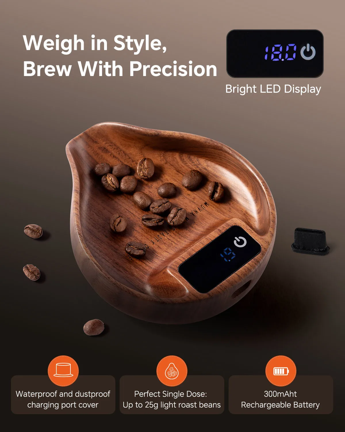 Muvna مقياس القهوة الخشبي، ميزان الطعام القابل لإعادة الشحن 0.1 جرام مقياس الفول الرقمي الخشبي الدقيق مع مقياس صينية باريستا لزجاجة الرش #3