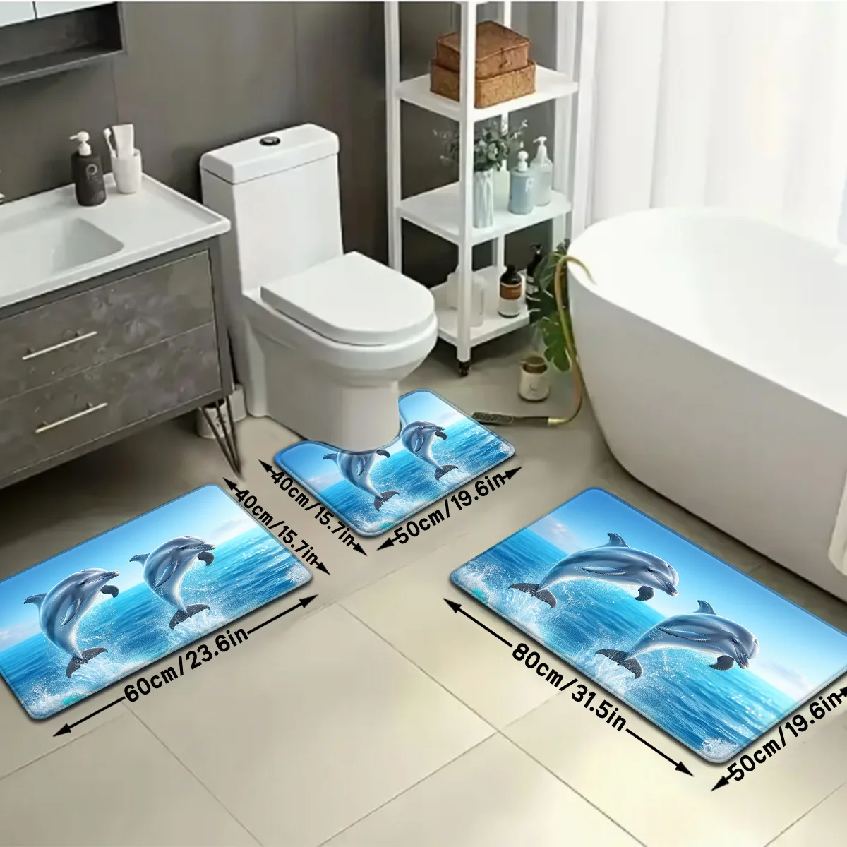 

Blue Dolphin Bath Mat Set Ocean Waterproof Bathroom Rug Tropical Marine Life Non Slip Decor for Home Bathroom Decor Gift