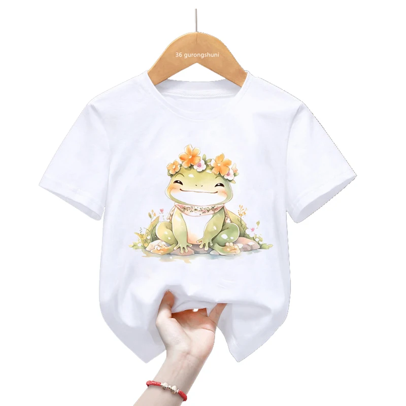 Kawaii Frog Flowers Print T Shirt For Girls/Boys Zebra/Penguin/Panda/Deer Animal Tshirt Cute Kids Clothes Harajuku Shirt