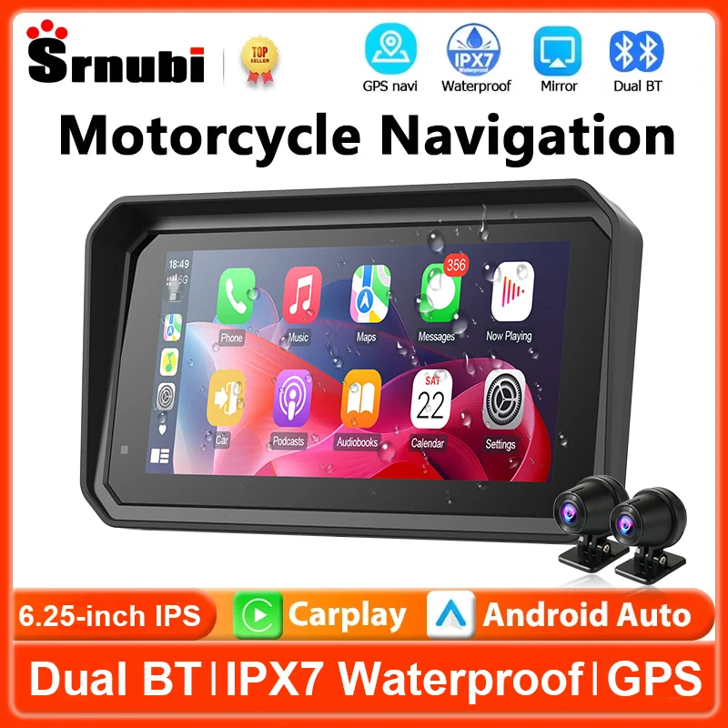 

Portable 6.25 inch Motorcycle GPS Navigation Wireless CarPlay Android Auto Moto Monitor DVR IPX7 Waterproof Support 4K+1080P