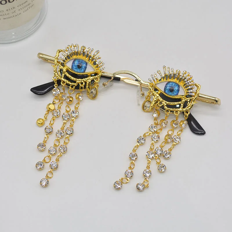 

New Blue Eye Crystal Fringe Sunglasses Vintage Diamond-Encrusted Personality Round Frame Sunglasses Men Women Jewelry Accessorie