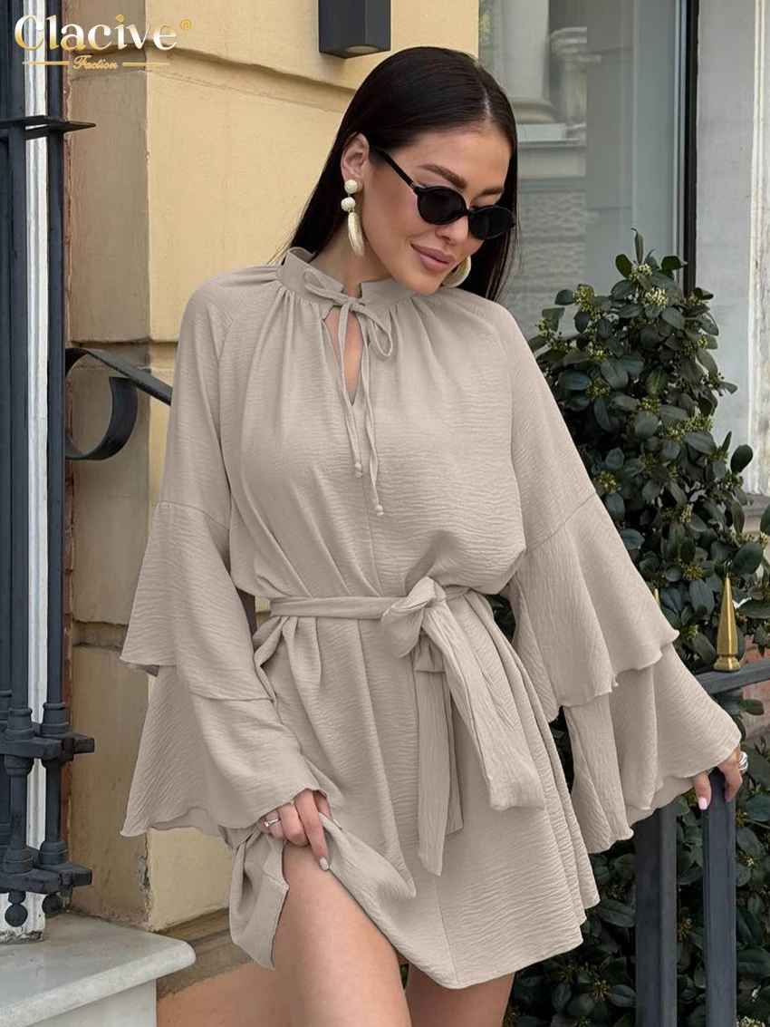 

Clacive Fashion Loose Khaki Women's Dress 2025 Casual Stand Collar Long Sleeve Mini Dresses Elegant Classic Lace-Up Female Dress