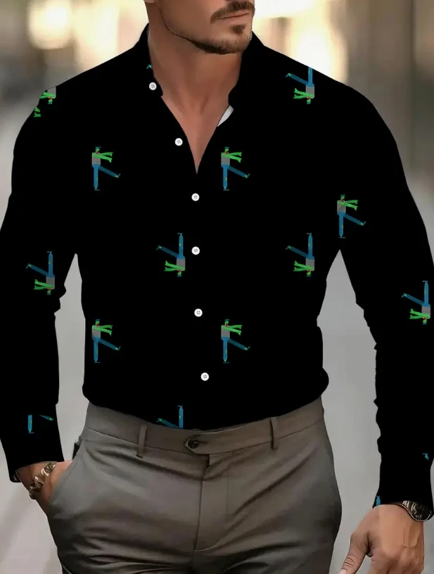 Men'S Elegant Casual Shirt - Black with Abstract Green Graphic Print, Long Sleeve Button-Up,  Machine Washable,
