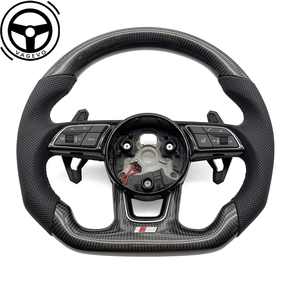 

Carbon Fiber Steering Wheel For Audi A4 B9 Leather Semi Perforated Black Stitching Steering Wheel With Heating