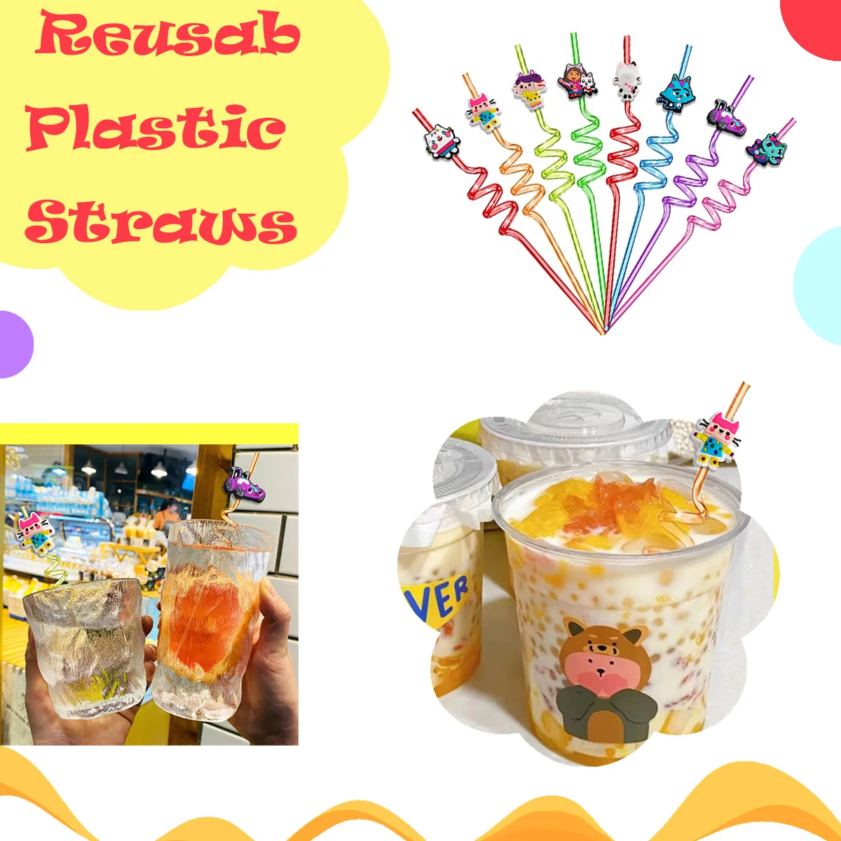 

Gabby Dollhouse Cats Reusable Plastic Straws Party Favors Children's Birthday Souvenirs Wedding Kid Straws Party supplies