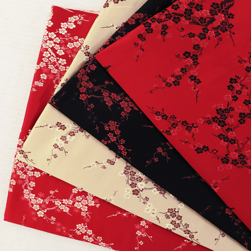 Imitation silk flower-pattern brocade jacquard fabrics red and black For sewing cheongsam bag DIY clothing material