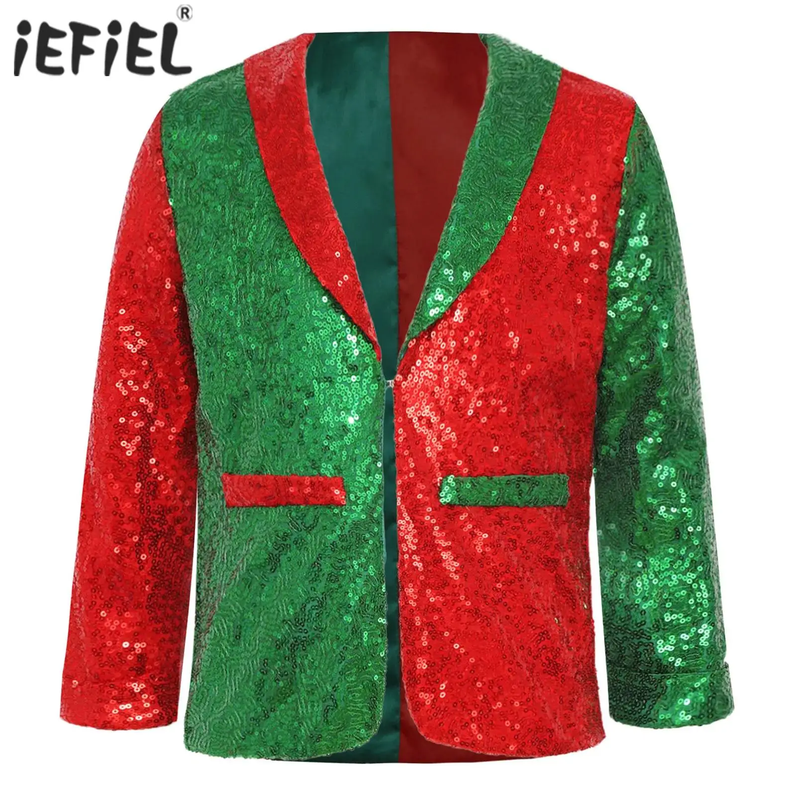 Kids Boys Girls Shiny Sequins Jacket Santa Helper Costume Christmas Xmas Elf Coat Outerwear Latin Jazz Disco Dance Dress Up