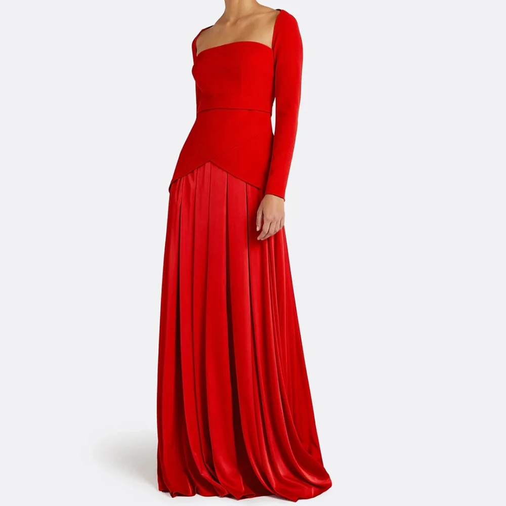 

Customized A-line Evening Dresses Floor-length Square Collar Full Sleeve Prom Gown Fashion Pleat Simple Draped Casual Party Gown