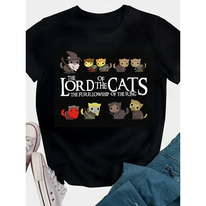 Women's Casual Short Sleeve T-Shirt The Lord of The Cats Fantasy Cartoon Print Round Neck Tee with Whimsical Cat Characters