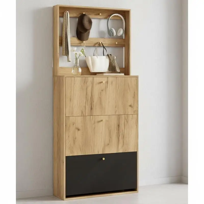 Moderner Schuhschrank mit Haken, 3 klappbare Aufbewahrungsfächer, geeignet für den Flur, Naturholzoptik + Schwarz, Maße: B75/H180/T24 cm
