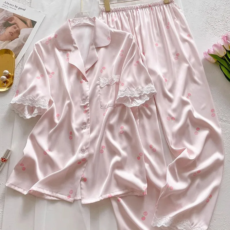 Sweet Lace Trim Satin Pajama Set Short Sleeve Long Pants Homewear Sleepwear