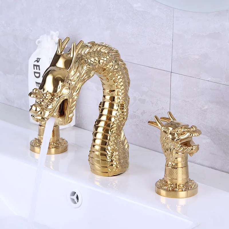 Dragon Basin Faucets Bathroom Sink Faucet Gold Brass 3 Holes Double Handle Bathbasin Bathtub Tap Hot And Cold Mixer Water Faucet