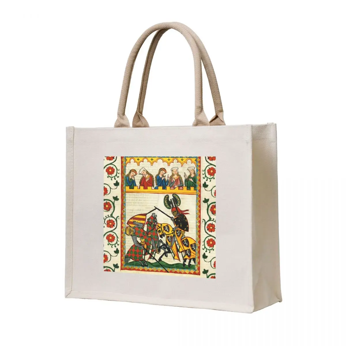 

MEDIEVAL TOURNAMENT, FIGHTING KNIGHTS ,DAMSELS AND RED WILD ROSES Tote Bag tote bag canvas hand bags Shopper
