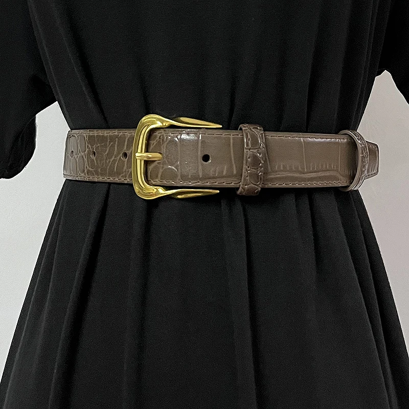 Cowhide Gold-Plated Buckle Belt Original Retro Classic Embossed Ladies Crocodile Belt Versatile Genuine Leather Trend 2.8cm Widt