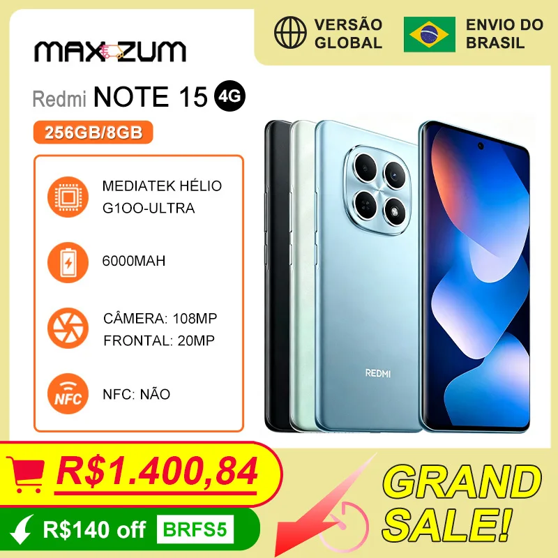 Celular Xiaomi Redmi Note 15 4G, 256/8GB RAM, Processador Mediatek Hélio G100-Ultra, Bateria de 6000mAh