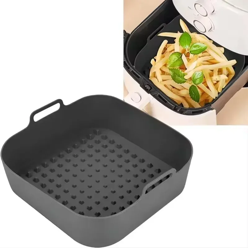 20CM Silicone Air Fryer Pot Tray Barbecue BBQ Pad Plate Airfryer Oven Baking Mold Pot Food Safe Reusable Square Air Fryer Pan
