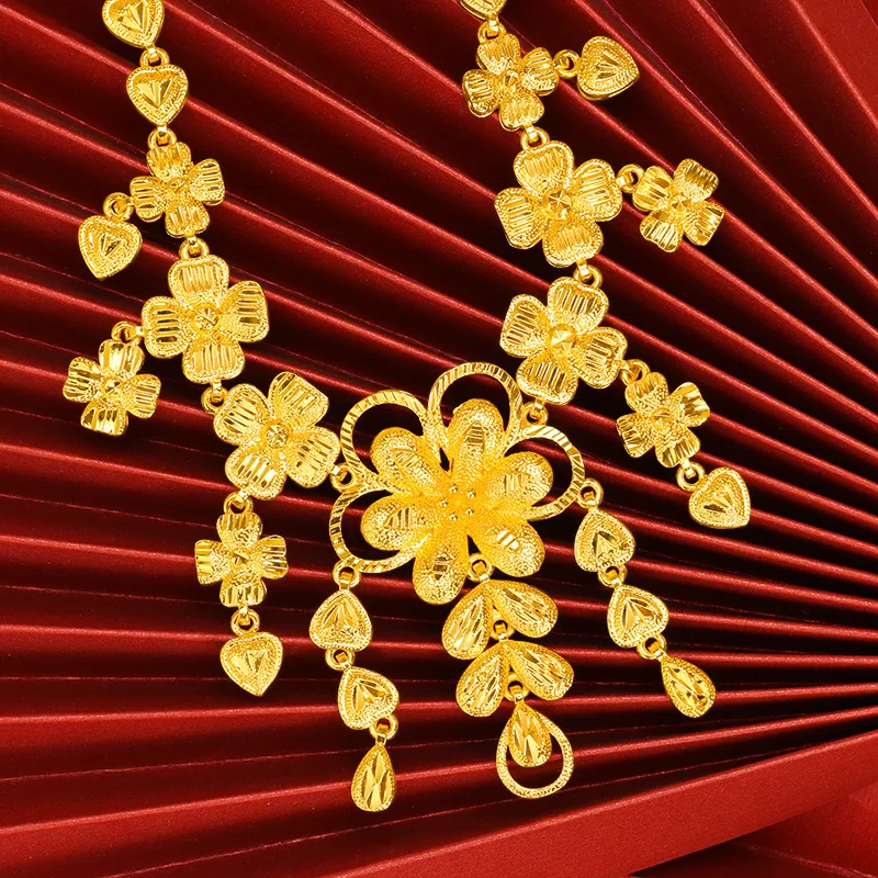 24K real gold  9999 yellow gold Women\'s Wedding Necklace Flower Necklace Wedding Set Chain Ethnic Style Vintage Hollow
