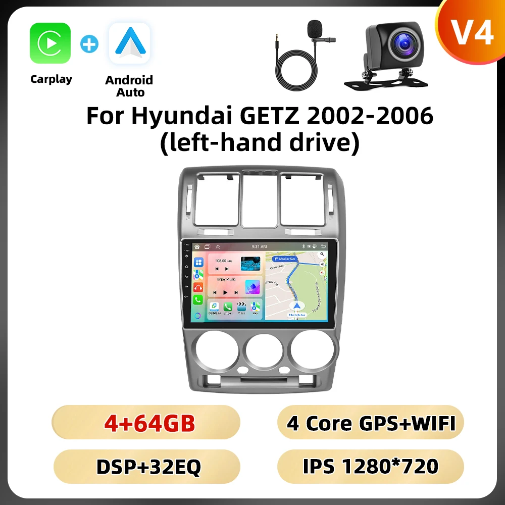 Podofo Android 9 ''Autoradio Voor Hyundai Getz 2002-2006 Multimediaspeler Spiegel Link 8 128G Carplay Android Auto Gps Wifi 4G