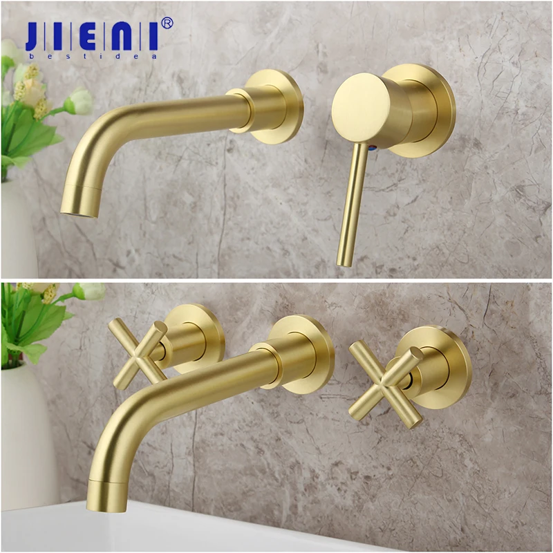 

JIENI Luxury Brushed Golden Tap Wall Mounted Bathroom Basin Sink Faucet Solid Brass Hot & Cold Mixer Golden Bathtub Faucet