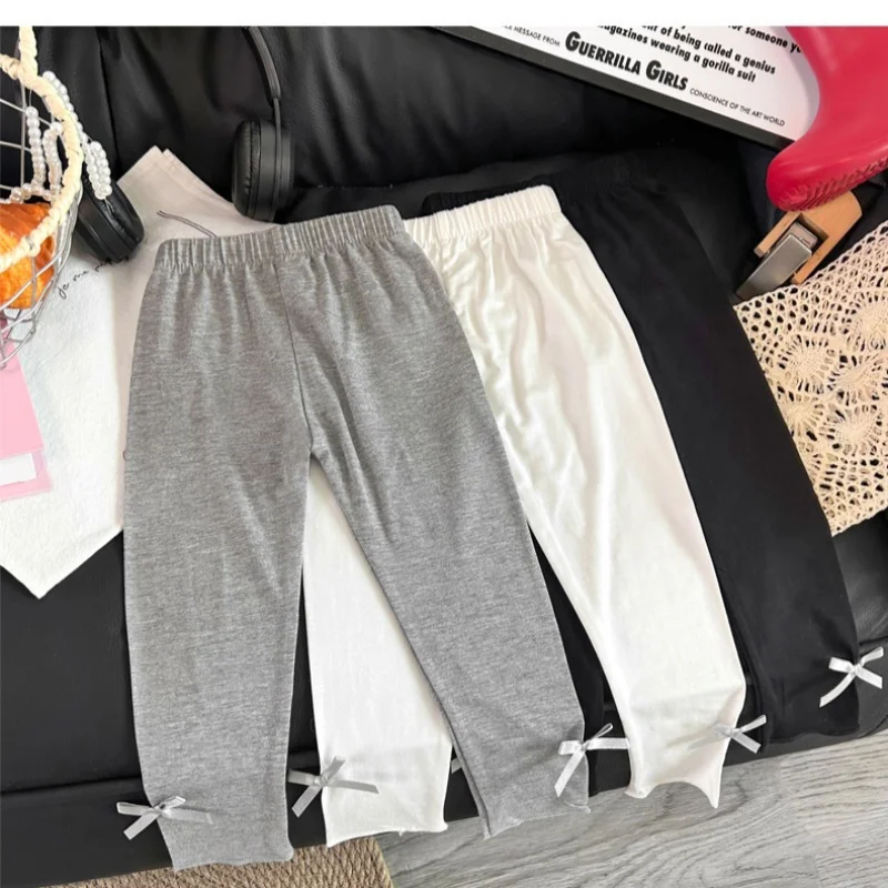 Spring Summer Girl's Trousers Solid Stretch Child Pants Girls Leggings Bow Decor Slim Fit Kids Basic Pants