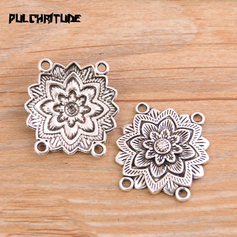PULCHRITUDE 8pcs 27*28mm Retro Two Color Zinc Alloy Flower Pendants Connectors Linker For DIY Charm Jewelry Accessorie