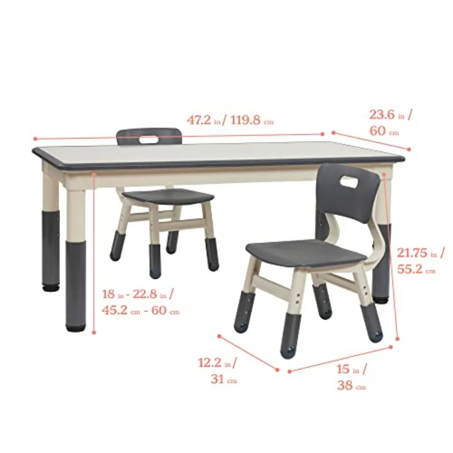 ECR4 Dry-Erase Rectangular Activity Table with 2 Chairs Adjustable Furniture Grey 3-Piece