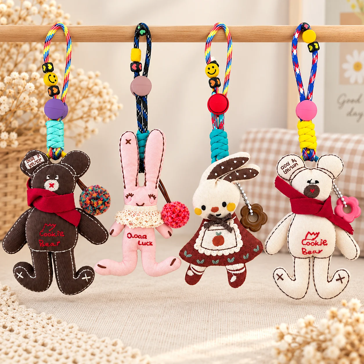 Cartoon Bear & Bunny Fabric Keychain, Padded Apron Rabbit Brooch Charm, Cute Trendy Bag Pendant Accessory for Women