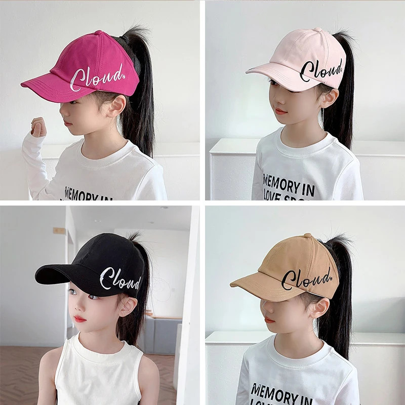 

Kids Ponytail Empty Top Duckbill Hat Summer Sun Hats Embroidery Letter Children Baseball Cap 2-8Y Girls Outdoor Sunscreen Visors