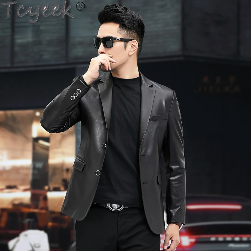 Tcyeek Real Leather Jacket Men Business Casual Real Cowhide Coat for Man Clothing Slim Suit Collar Trend Spring Autumn Clothes