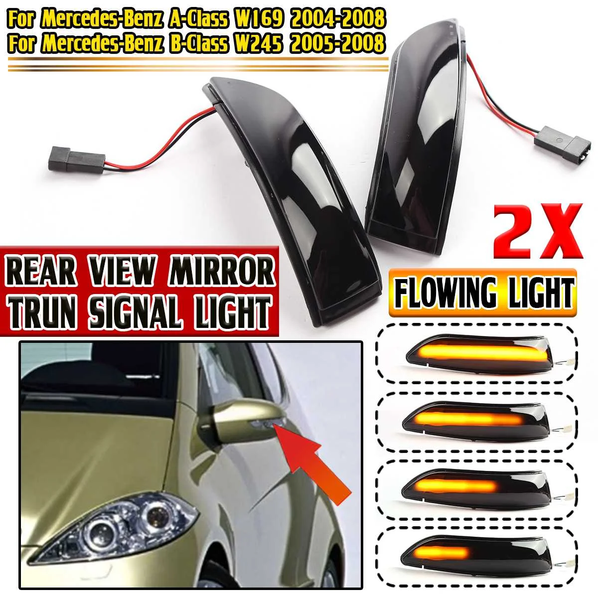 W245 2x LED Dynamic Side Wing Rearview Mirror Light For Mercedes For Benz A B Class W169 W245 2004 2005-2008 Turn Siganl Lights